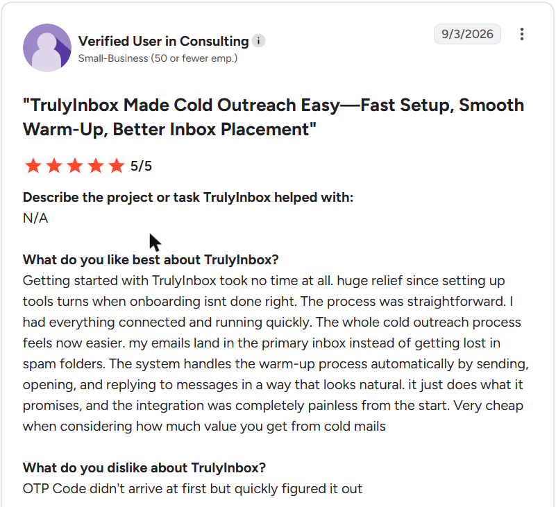 TrulyInbox review on G2, rated 5 out of 5, 3 Sep 2026