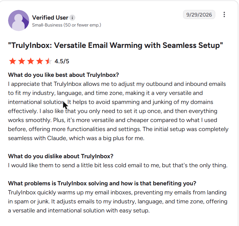 TrulyInbox review on G2, rated 4.5 out of 5, 29 Sep 2026