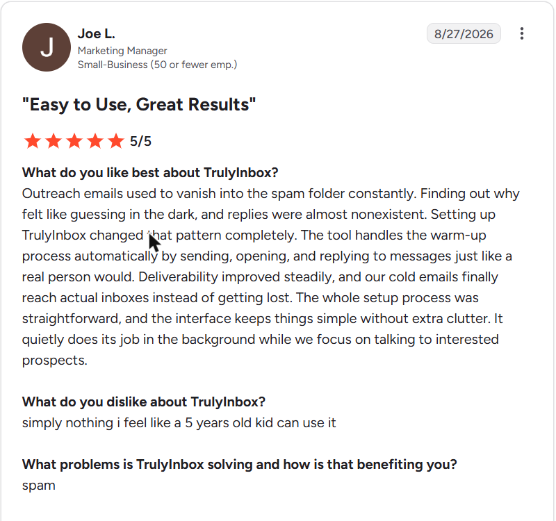 TrulyInbox review on G2, rated 5 out of 5, 27 Aug 2026