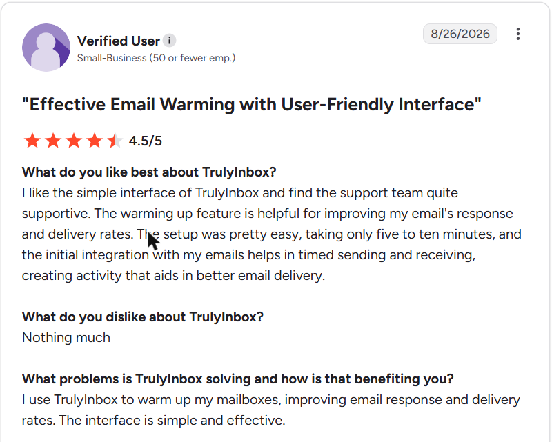 TrulyInbox review on G2, rated 4.5 out of 5, 26 Aug 2026