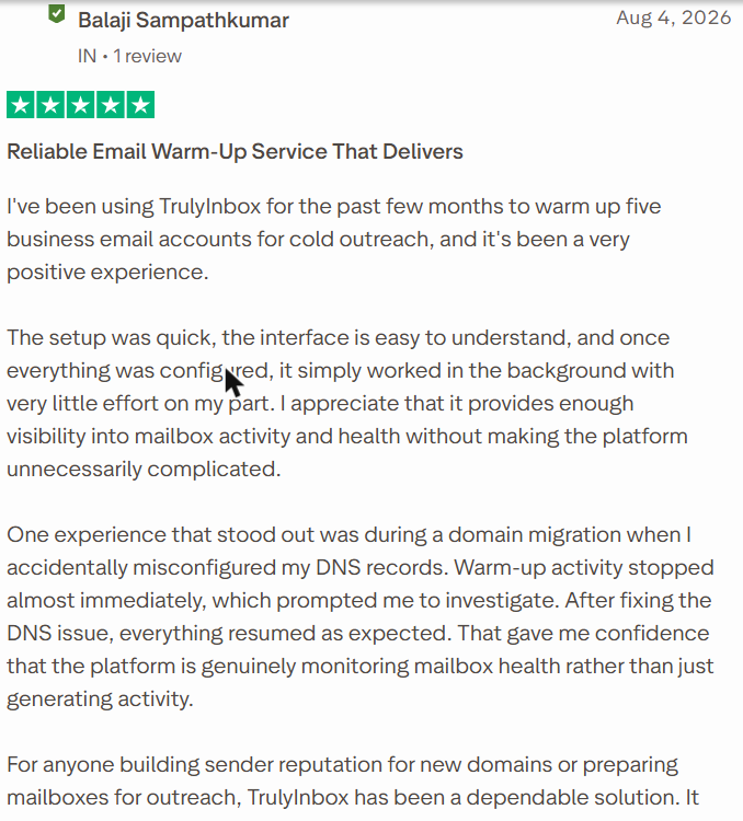 TrulyInbox review on Trustpilot, rated 5 out of 5, 4 Aug 2026