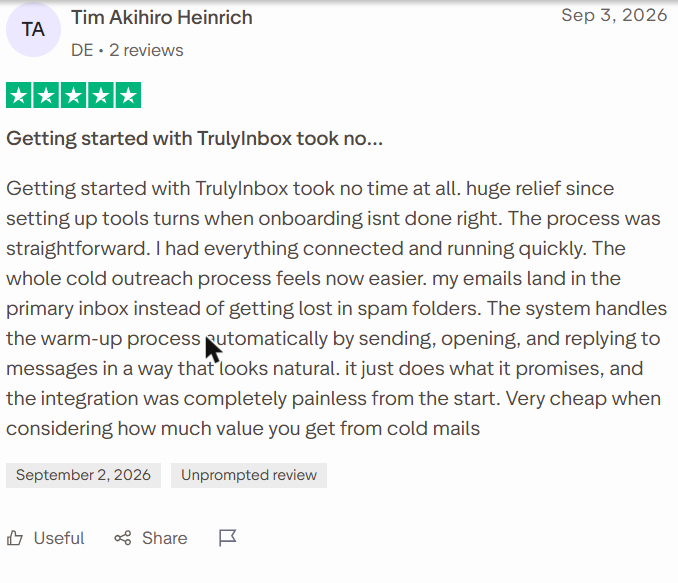 TrulyInbox review on Trustpilot, rated 5 out of 5, 3 Sep 2026