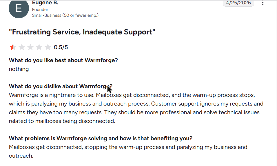 Warmforge review on G2, rated 0.5 out of 5, 25 Apr 2026