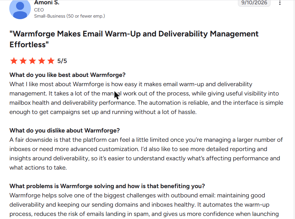 Warmforge review on G2, rated 5 out of 5, 10 Sep 2026