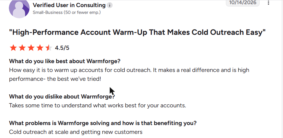 Warmforge review on G2, rated 4.5 out of 5, 14 Oct 2026