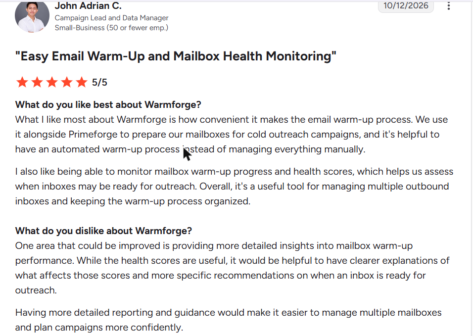 Warmforge review on G2, rated 5 out of 5, 12 Oct 2026
