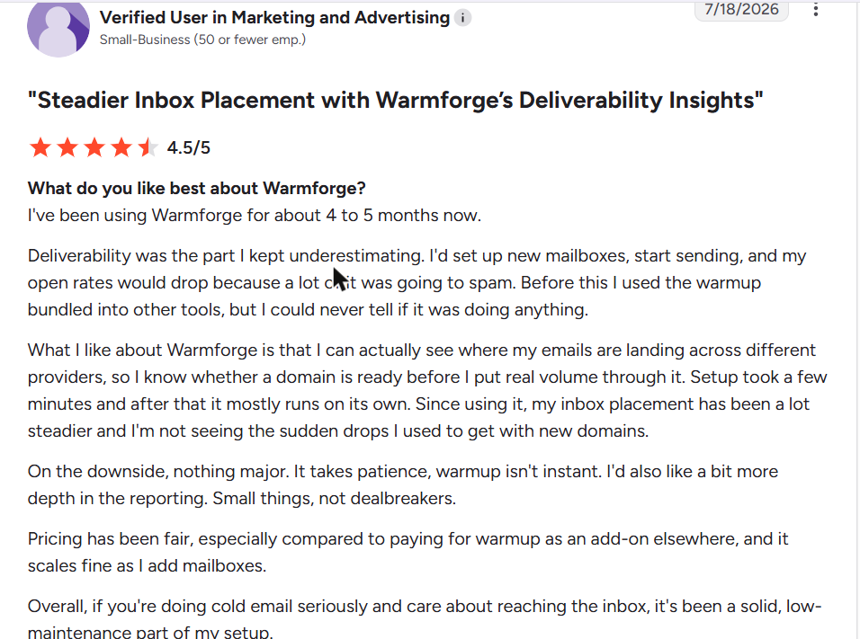 Warmforge review on G2, rated 4.5 out of 5, 18 Jul 2026
