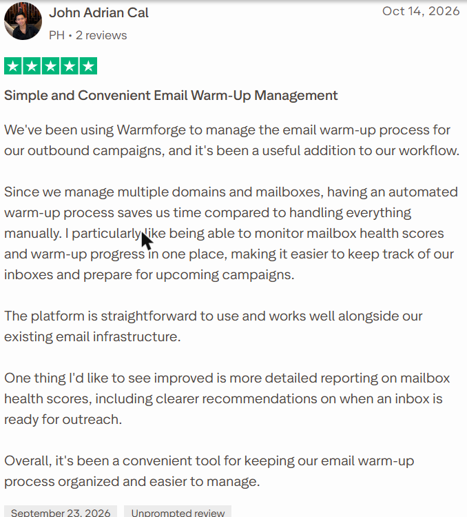 Warmforge review on Trustpilot, rated 5 out of 5, 14 Oct 2026