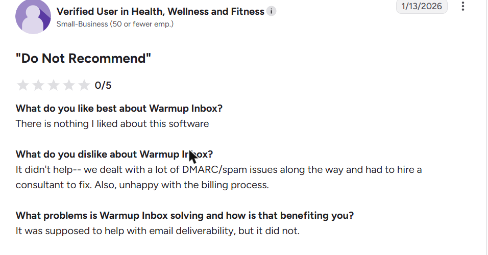 Warmup Inbox review on G2, rated 0.5 out of 5, 13 Jan 2026
