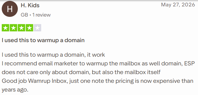 Warmup Inbox review on Trustpilot, rated 4 out of 5, 27 May 2026