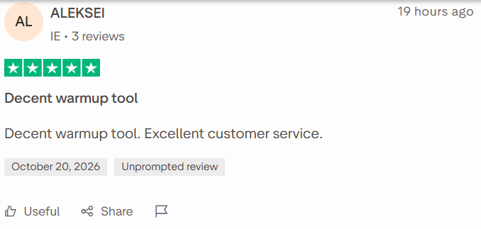 Warmup Inbox review on Trustpilot, rated 5 out of 5, 20 Oct 2026