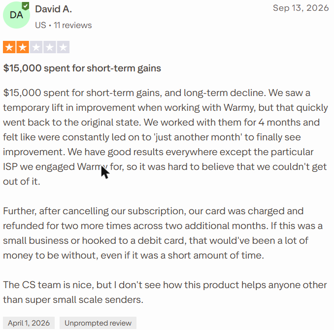 Warmy review on Trustpilot, rated 2 out of 5, 12 Sep 2026